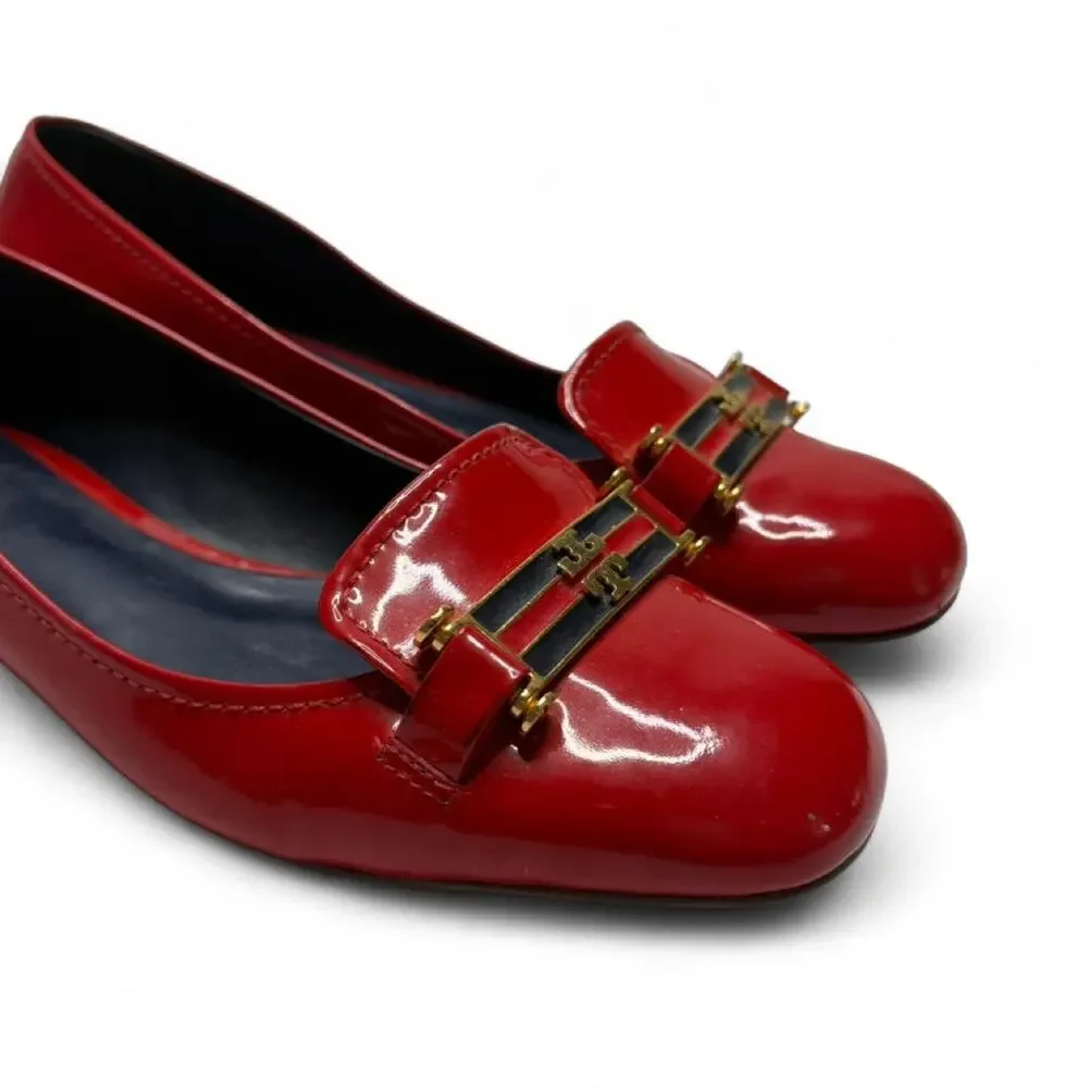 Tory Burch Rare Red All Leather Patent Gold Tone Womens Size 6 Loafers Casual